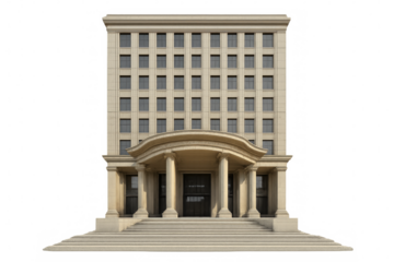 Imposing beige office building with columns and transparent background