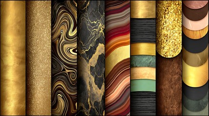 the scene features a series of vertical panels showcasing a variety of patterns and textures. the panels include swirling designs, speckled surfaces, and layered effects