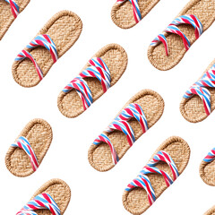 Pattern of summer sandals made from jute and candy strip soles, diagonal repeat on white