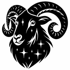 Celestial Ram Majestic Head of a Ram with Spiral Horns and Stars