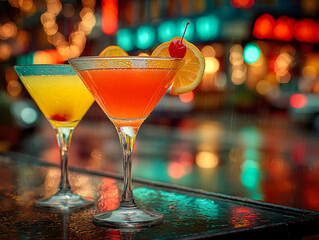 Two different cocktails in a dance club at night