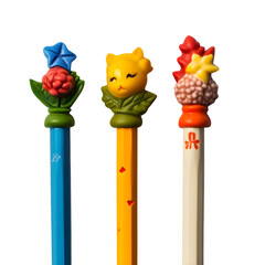 Pencil toppers designed as tiny 3D subject mascots like math and literature icons isolated