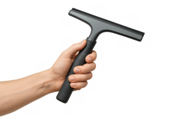 Hand holding squeegee cleaning tool on transparent background