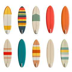 Popsicle-shaped surfboards arranged in alternating angles, minimal and bright, white backdrop