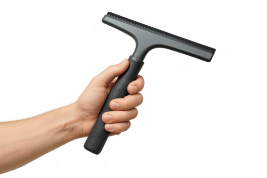 Hand holding squeegee cleaning tool on transparent background