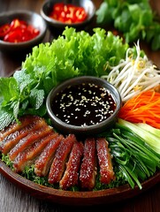 the image features a circular wooden platter of ingredients for a meal, arranged artfully around a dark sauce in a small bowl