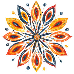 Radial half mandala design with overlapping petal bands spirals and dots brightly colored in folk tones on clean white