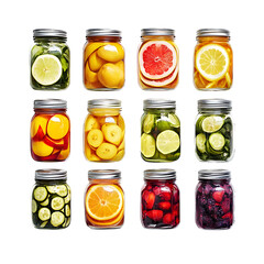 Repeat of cold beverage jars made from hollow fruits, subtle variations in style, white background