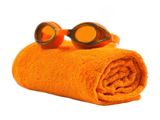 Orange Beach Relaxation Rolled Towel and Goggles Ready for Fun in the Sun