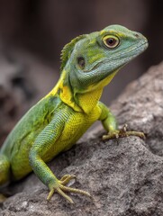 Obraz premium A green lizard with yellow markings, sitting on a rock, captured in a close-up view with a focused expression