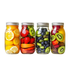 Repeat of cold beverage jars made from hollow fruits, subtle variations in style, white background