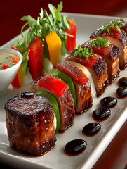 this dish features a row of cylindrical slices of meat interspersed with colorful vegetables on a white plate