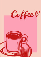 Hand drawn coffee vector poster, moka pot, espresso, cappuccino, cups, milk pouring, cafe vibe, blue monochrome doodle sketch illustration