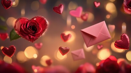 Floating hearts, rose, and letter; Valentine's Day romantic scene; Suitable for cards, invitations, and social media posts