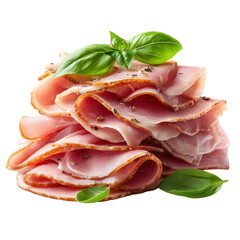 Delicious sliced ham with basil leaves for sandwiches and appetizers food isolated on transparent background