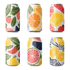 Repeat of drink cans with fruit peel textures and summer icon labels, modern layout on white