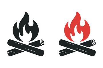 Campfire icon with crossed logs and flames in black and red