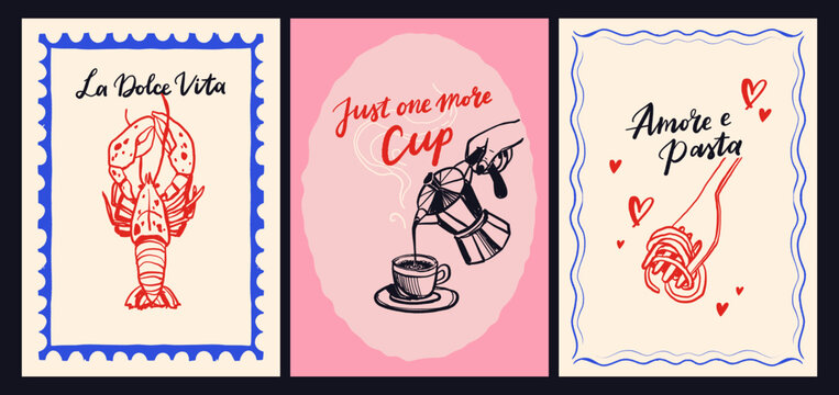 Summer Italy la dolce vita vintage posters. Amalfi or Sicily of postage stamps with image of Italian Mediterranean wine, lobster, beach decor. Vector illustration ink doodle sketch style.