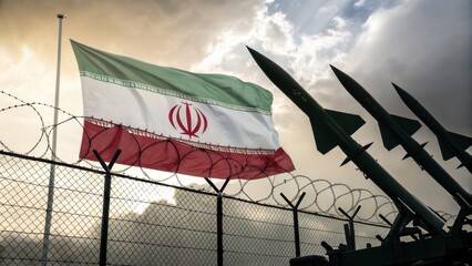 Iranian flag and missiles behind barbed wire fence