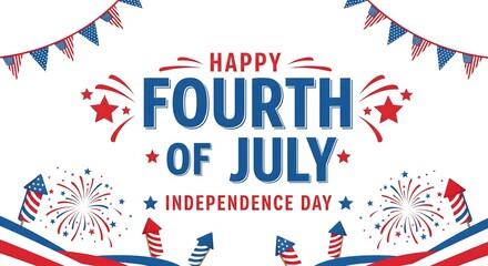 Obraz premium Happy Fourth of July Independence Day banner with festive fireworks, patriotic bunting, and American flag elements on a clean white background, perfect for holiday greetings and celebrations