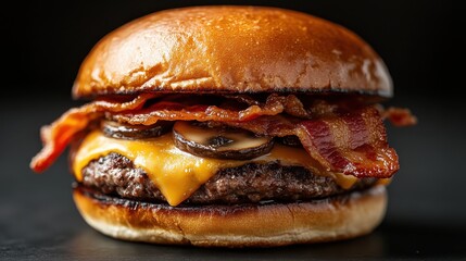 A mouth-watering burger featuring juicy beef patty, melted cheddar cheese, crispy bacon, and mushrooms, perfectly crafted for food lovers and highlighting culinary appeal.