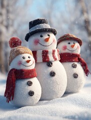 Three Happy Snowmen in Winter Landscape with Scarf and Hat
