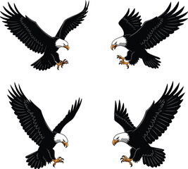 Black silhouette of four flying eagles depicting freedom and strength on white