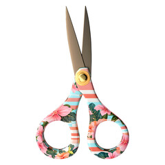 Scissors with candy stripe handles and hibiscus floral print blades, isolated