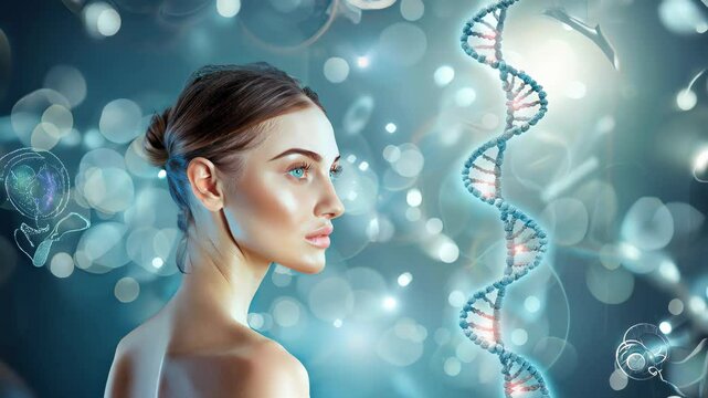 Young woman with flawless skin and glowing face beside DNA helix, symbolizing beauty and genetics