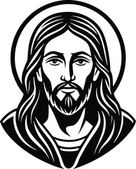 Portrait of Jesus with downward gaze in gentle minimalist line art silhouette vector