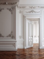 Fototapeta premium Classic interior walls with copy space.White walls with ornated mouldings and classic cornice.Classic door.Floor parque