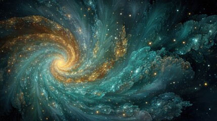 A vibrant spiral galaxy swirls with shades of teal and gold, showcasing luminous stars against a dark cosmic backdrop, creating a mesmerizing view of the universe.