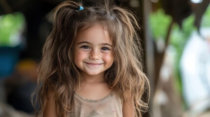 Fototapeta premium A cheerful young girl with long, tousled hair smiles brightly, embodying joy, innocence, and the adventurous spirit of childhood in a warm and inviting environment.