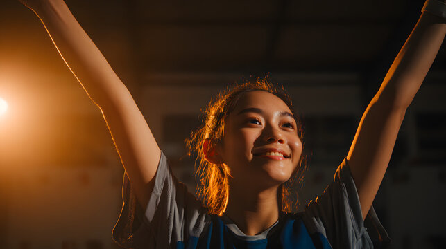 Asian gymnast girl with raised arms under spotlight in gym, joyful.