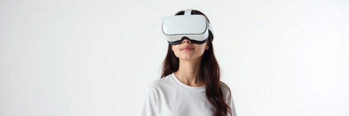 A young woman wearing a vr headset, immersed in virtual reality, captured against a minimalist background.