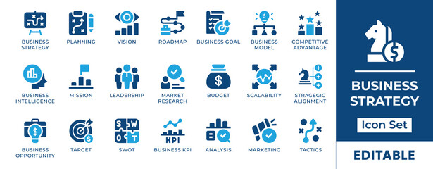 Business Strategy and Management Icon Set. Vector Icons for KPI, SWOT Analysis, and Roadmap.