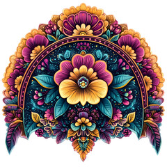 Semi-circular mandala design featuring dense symmetrical hand-drawn details with floral and leaf accents in magenta yellow and turquoise