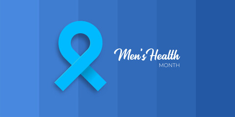 June s National Men s Health Awareness Month concept. Horizontal banner design with a blue ribbon and text, isolated on a blue background. Use as a vector flyer or poster