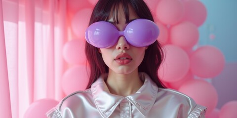 A stylish woman wearing oversized purple sunglasses poses in front of a playful pink backdrop, exuding confidence and modern charm.