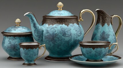 a set of porcelain vessels is presented against a neutral background. the set includes a teapot, a sugar bowl with a lid, a creamer, a cup, and a saucer