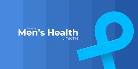 June s National Men s Health Awareness Month concept. Horizontal banner design with a blue ribbon and text, isolated on a blue background. Use as a vector flyer or poster