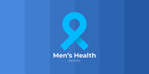June s National Men s Health Awareness Month concept. Horizontal banner design with a blue ribbon and text, isolated on a blue background. Use as a vector flyer or poster