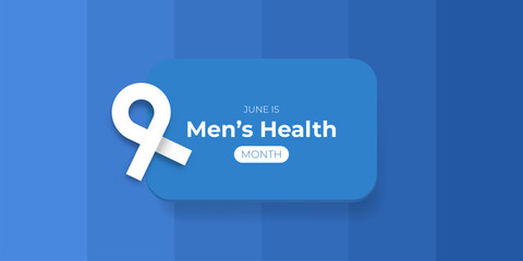 June s National Men s Health Awareness Month concept. Horizontal banner design with a blue ribbon and text, isolated on a blue background. Use as a vector flyer or poster
