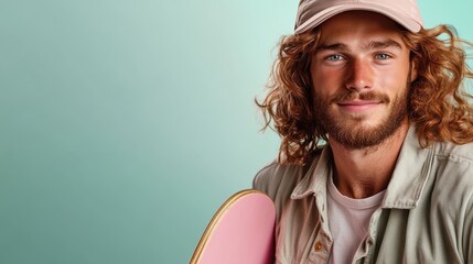 A confident young man with curly hair and a skateboard poses against a soft gradient background, showcasing his style and passion for skateboarding in a vibrant way.