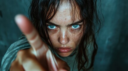 An intense close-up portrait of a woman with wet hair and a fierce expression, conveying strong emotions and a gripping narrative that invites viewers to connect deeply.