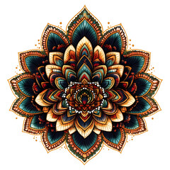 Stylized henna-inspired half mandala with detailed symmetry layered with rich color accents clean isolated on white
