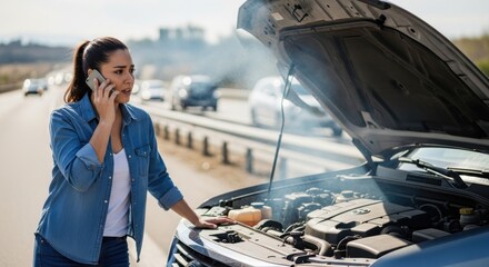 Young woman making a phone call next to her broken car, which is steaming after a road accident or malfunction.