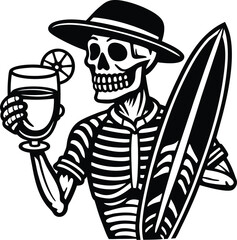 Skeleton wearing cap holding cocktail and surfboard in beach fun scene silhouette vector