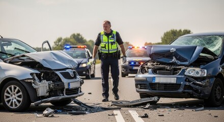 Police officer standing between two severely damaged cars after a road accident with emergency police vehicle in the background.