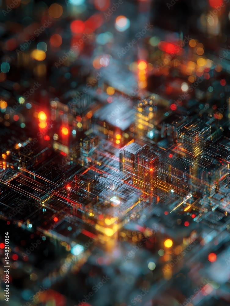 Poster digital data flow, abstract representation of technology and information processing